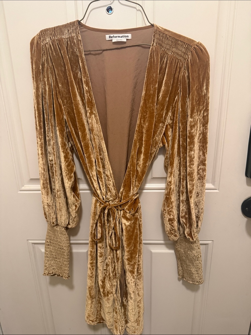Reformation Gold Velvet Wrap Dress with Smocked Cuffs